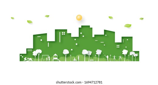 Human activities at the park on cityscape background.Ecology and Environment concept paper art style.Vector illustration.