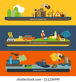 Human activities radioactive hazardous water and air pollution icons horizontal flat banners set composition isolated vector illustration