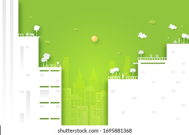 Human activities at roof garden on green cityscape background.Paper art of eco friendly city lifestyle.Vector illustration. 