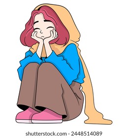 human activity doodle illustration, young red haired Muslim girl is sitting with a shy face while falling in love