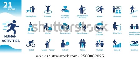 Human activity icon. Set of people, life, work, leisure, physical activity, family icons. Solid vector icons.