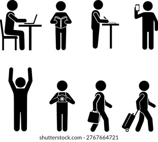 Human Activity Icon Set with Working Reading Writing Travel and Photography Silhouette