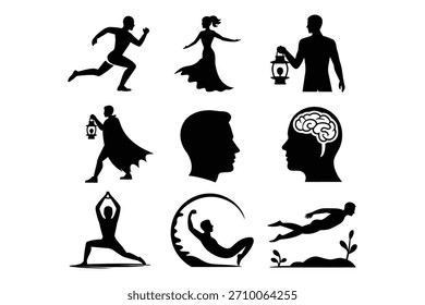 Actividad humana e iconos de pensamiento corriendo la silueta del hombre