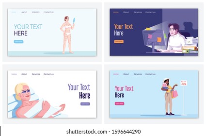 Human addiction landing page vector template set. Compulsive habit disorders website interface idea with flat illustrations. Dependences homepage layout. Web banner, webpage cartoon concept