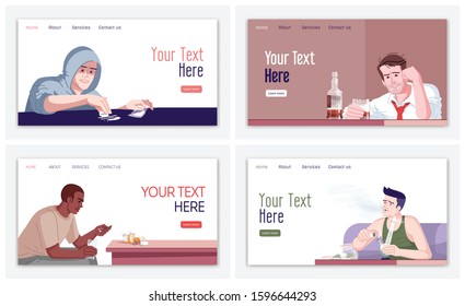 Human addiction landing page vector template set. Narcomania danger website interface idea with flat illustrations. Destructive behavior homepage layout. Web banner, webpage cartoon concept