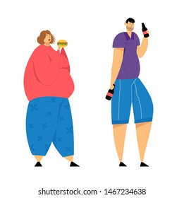 Human Addiction, Overweight Woman with Big Belly Eating Burger, Man Drinking Beer, Obesity, Alcoholism Health Problems, Dependence, Addict of Food and Alcohol Drinks. Cartoon Flat Vector Illustration