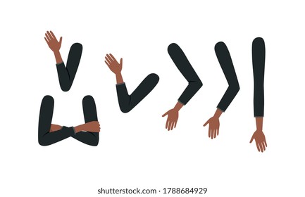 Human African American Sleeved Arms in Various Poses Set, Male or Female Body Part, Constructor for Animation Cartoon Style Vector Illustration