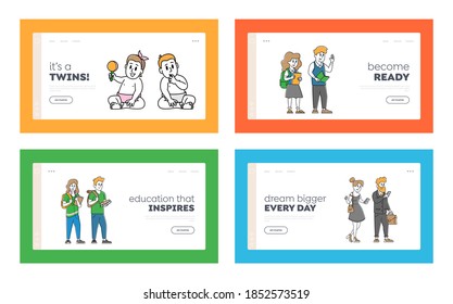 Human Age, Characters Lifecycle Landing Page Template Set. People Aging Stages from Child to Adolescence and Elderly Cycle. Life Cycle Child, Teenager, Adult and Old. Linear People Vector Illustration