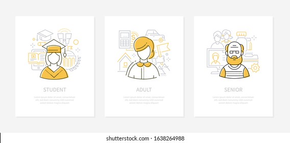 Human age - line design style conceptual banners set with place for text. Student, adult, senior linear icons. Male and female characters at different life stage. Youth, middle years, elderly person