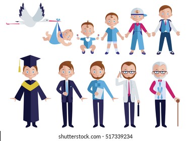 Human aging icon set or composition from baby to adult in flat style boys and men vector illustration