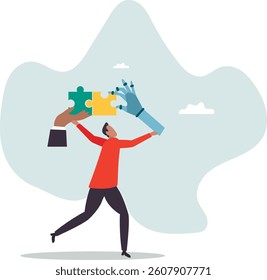 Human and AI Artificial Intelligence working together, machine or automation to help or support work, solution or connect idea.character for design.