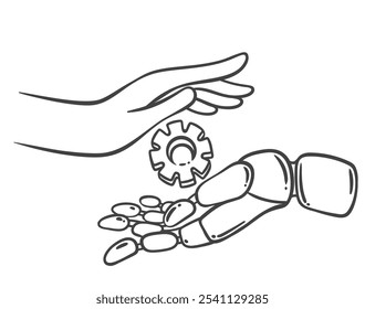 Human and AI assistant hand holding gear together line icon. Outline hand drawn sketch of user and AI synergy. Artificial intelligence, workflow mascot, automatic process icon vector illustration