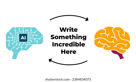 Human and AI brain. Collaboration Infographic Template. Cooperation of artificial intelligence and people. Chip micro scheme design. Circle arrows.