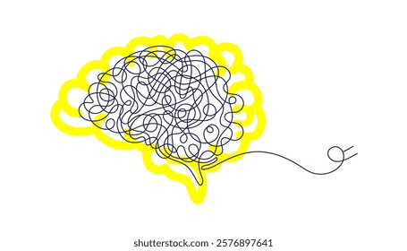 Human, ai brain on load. One line drawing sign. Mental health concept in simple linear style. Confused thoughts and problems. Psychologist helping to untangle of knot. Power outage