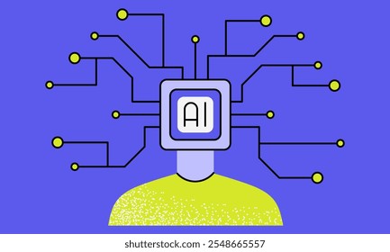 Humano com ilustração de vetor plana cabeça de chip AI. Linhas de microcircuitos de inteligência artificial. Ícone de homem e robô
