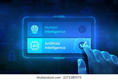 Human or AI choice concept. Human mind vs Artificial Intelligence digital mind. Hand on virtual touch screen ticking the check mark on Artificial intelligence button. Vector illustration.