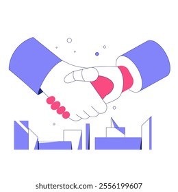 Human And AI Collaboration Handshake In Flat Vector Illustration Symbolizing Partnership And Technological Innovation, Isolated On White Background.