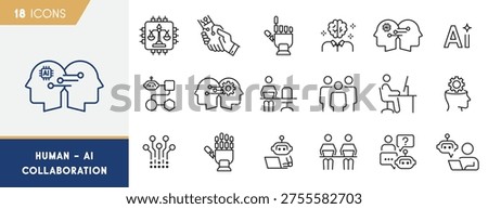 Human AI Collaboration Line Icons Set With Artificial Intelligence Partnership And Hybrid Intelligence Symbols