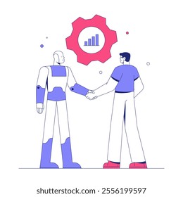 Human AI Collaboration With Robot And Man Shaking Hands In Flat Vector Illustration Symbolizing Partnership And Technology Integration, Isolated On White Background.