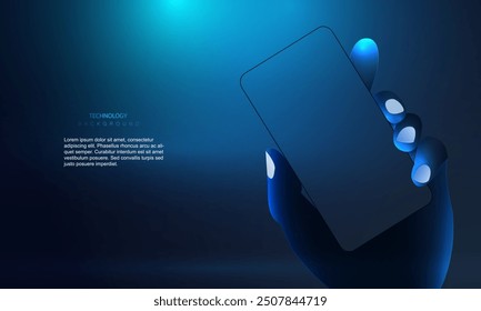 Human ai hand holding mobile phone with blank transparent screen modern blue. Smartphone with hand technology banner. Artificial Intelligence futuristic connect vector background.	

