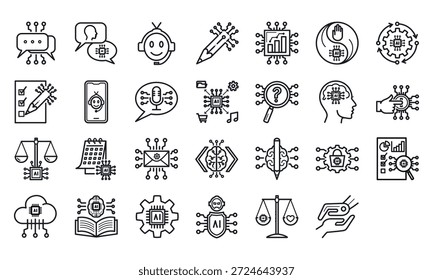 Human and AI Interaction 4x7 icon set simple outline style 