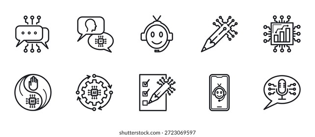 Human and AI Interaction Icon set with Minimalis Outline Style Flat contain chatbot, smartphone, setting, voice note, collaboration