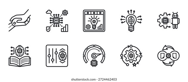 Conjunto de iconos de interacción humana y de IA, estilo de contorno simple, diseño plano moderno, contiene trabajo en equipo de IA humana, integración de sistemas, tablero inteligente, idea de innovación, transformación digital