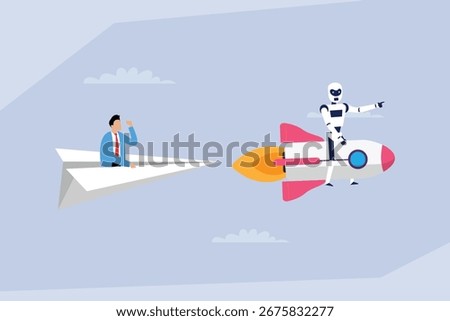 Human and AI racing for the future. A businessman on a paper plane is being passed by a robot on a rocket 2d flat vector illustration