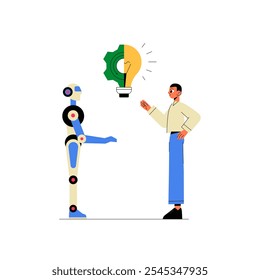 Human And AI Robot Brainstorming With Lightbulb In Flat Vector Illustration Symbolizing AI Taking Jobs, Innovation, And Collaborative Idea Generation, Isolated On White Background.