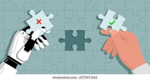 Human and AI robot completing a jigsaw puzzle, the man is holding the right piece