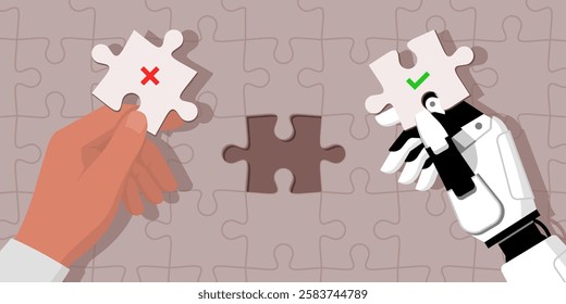 Human and AI robot completing a jigsaw puzzle, the robot is holding the right piece