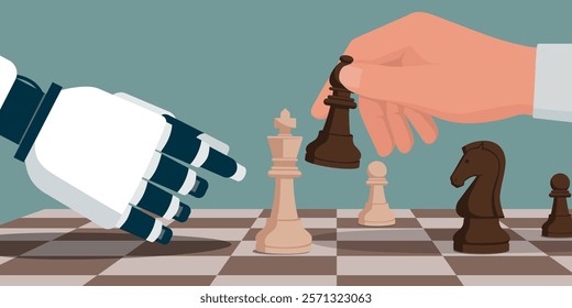 Human and AI robot playing chess together: the man defeats the robot