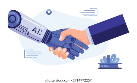 Human and AI robot shaking hands for future technology partnership
