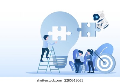 Human and AI robot teams work together to brainstorm and analyze ideas. Improve the company and achieve success. Flat vector illustration.
