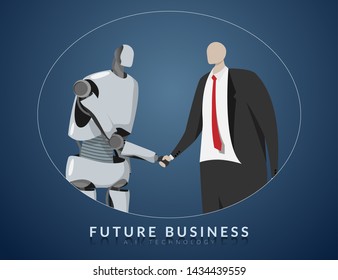human and AI working together , future business , technology and innovation concept. AI or artificial intelligence shaking hand for cooperation in business with human.