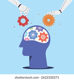 Human and AI Working Together. Human head with gears inside, Concept for technology and innovation.