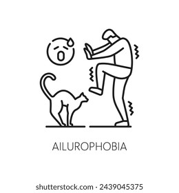 Human ailurophobia phobia icon, mental health. Fear of cats problem, People psychology or mental disorder linear vector pictogram, thin line symbol or sign with mans cared of cat