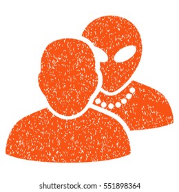 Human Alien Contacts grainy textured icon for overlay watermark stamps. Flat symbol with scratched texture. Dotted vector orange ink rubber seal stamp with grunge design on a white background.