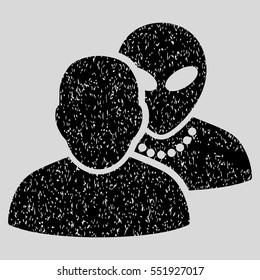 Human Alien Contacts grainy textured icon for overlay watermark stamps. Flat symbol with dust texture. Dotted vector black ink rubber seal stamp with grunge design on a light gray background.