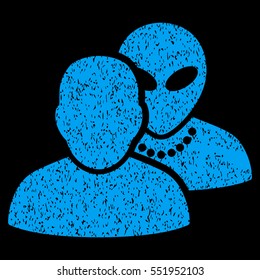 Human Alien Contacts grainy textured icon for overlay watermark stamps. Flat symbol with dirty texture. Dotted vector blue ink rubber seal stamp with grunge design on a black background.