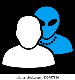 Human Alien Contacts vector icon. Style is flat bicolor blue and white symbol, rounded angles, black background.