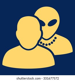 Human Alien Contacts vector icon. Style is flat yellow symbol, rounded angles, blue background.