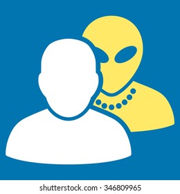 Human Alien Contacts vector icon. Style is flat bicolor yellow and white symbol, rounded angles, blue background.