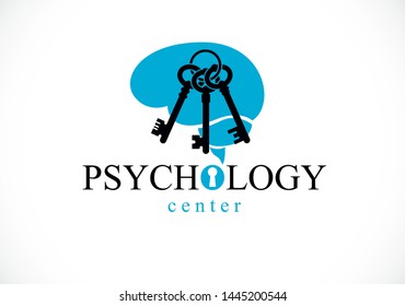 Human anatomical brain with keys as a keychain, mental health psychology conceptual logo or icon, psychoanalysis and psychotherapy as a key to human mind concept. Vector simple classic design.