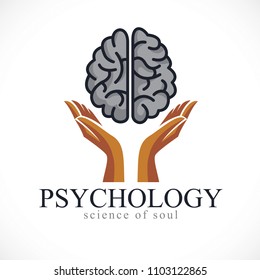 Human anatomical brain with tender guarding hands, mental health psychology conceptual logo or icon, protection of individuality and education. Vector simple classic design.