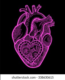 The human anatomical heart with a mechanical heart inside in the graphic style art as laconic logo