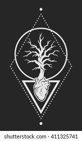 Human anatomical heart  and the tree as a symbol of life, with geometric elements on a dark background.