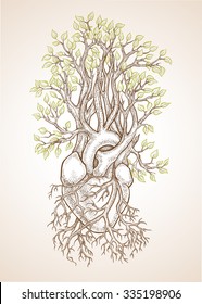 Human anatomical heart with veins like roots, from which grows a tree with leaves as a symbol of life and health. Dotwork style