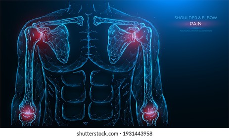 Human anatomical model. Pain, injury and inflammation of the shoulder and elbow joints front view polygonal illustration on a blue background. Joint pain concept