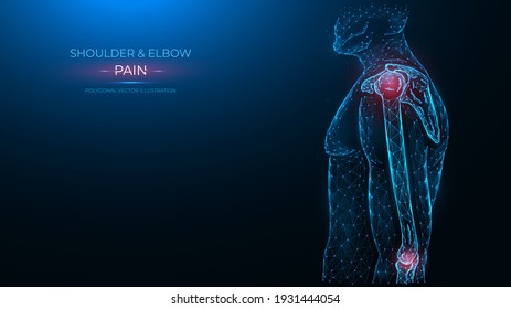 Human anatomical model. Pain, injury and inflammation of the shoulder and elbow joints side view polygonal illustration on a blue background. Joint pain concept